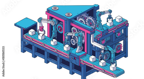 An illustration of a futuristic automated factory with robotic arms and conveyor belts processing cubes in a modern industrial setting.