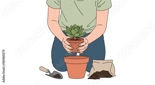 Hands carefully repotting a vibrant succulent into a terracotta pot, surrounded by gardening tools and soil for a fresh start