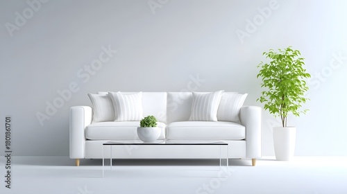 Serene interior scene of a contemporary living room showcasing a plush white sofa an elegant glass coffee table and vibrant green plants creating a tranquil and inviting atmosphere