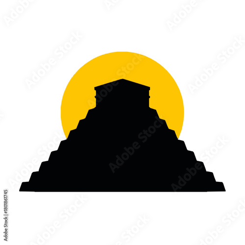 Iconic Mayan pyramid silhouette against golden sun, ancient adventure travel logo