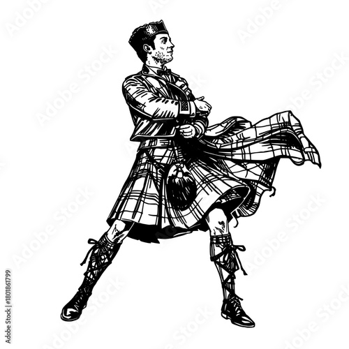 Dynamic Scottish highland dancer strikes pose, traditional attire, historical elegance