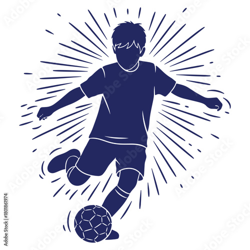 Energetic soccer player kicking ball vector illustration sports concept radiating energy on white background