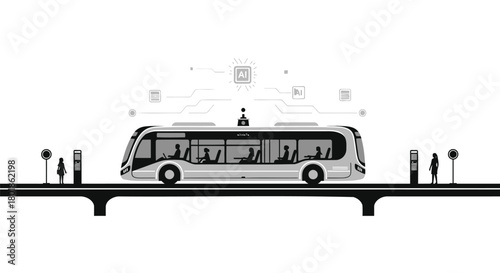 Modern autonomous electric bus with sensors driving on a futuristic elevated road with charging stations