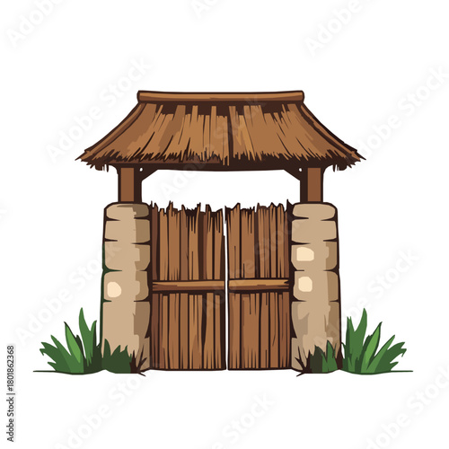 Tropical gate with thatched roof beckons to an exotic, peaceful getaway escape