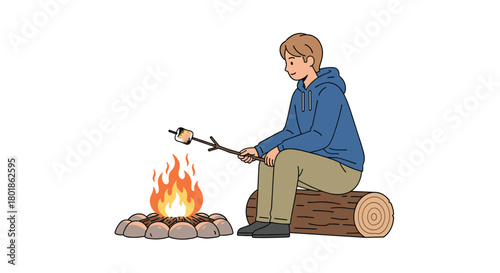 Young man joyfully roasting marshmallow over campfire during outdoor adventure, capturing cozy moments
