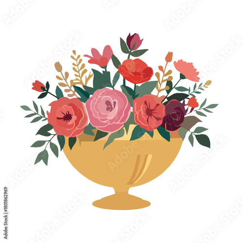 Vibrant floral arrangement in a golden urn brings elegance to any design