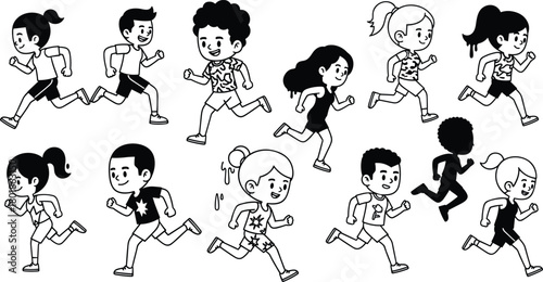 Running children cartoon vector, kids jogging illustration, active childhood drawing, energetic group motion, playful exercise scene, cad drawing flat vector illustration
