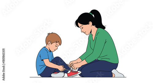 Caring mother gently ties child's shoelaces, fostering independence and love in a heartwarming moment of connection