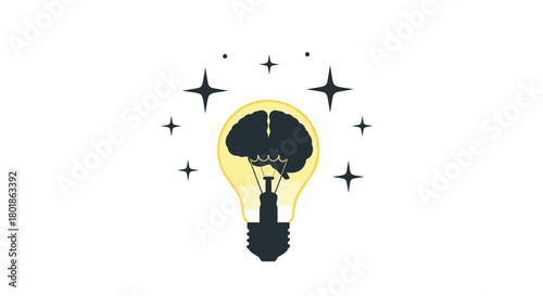 Silhouette of a human brain illuminated within a glowing light bulb surrounded by sparkling stars symbolizing innovation and bright ideas