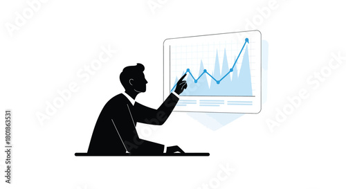 Silhouette of businessman pointing at upward trending financial graph on a screen during presentation