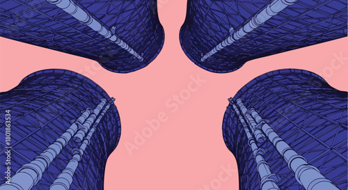 Abstract perspective of four blue cooling towers against a pink background, industrial design, modern architecture