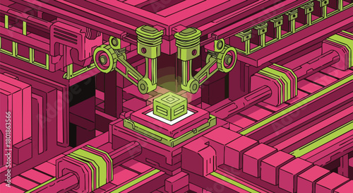 Isometric view of futuristic automated factory assembly line with robotic arms building a glowing cube
