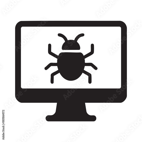 A simple computer monitor displaying a black insect or bug icon representing digital malware or security concerns