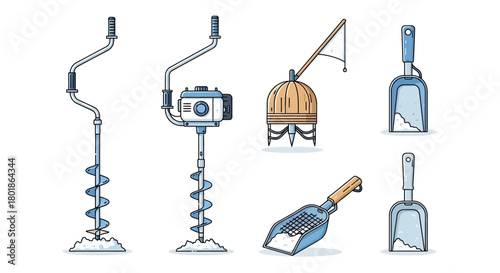 Illustration of ice fishing tools: augers, tip-up, and scoops for removing ice.