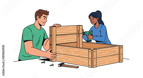 Teamwork makes the dream work as couple builds wooden planter box together with drill and hammer in bright DIY project