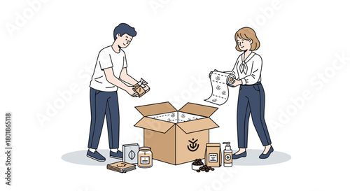 Team efficiently packing curated gift boxes with premium products for modern e-commerce fulfillment and distribution