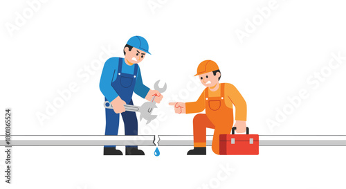 Frustrated plumbers arguing over a leaking pipe, symbolizing repair challenges and teamwork issues in a service industry context