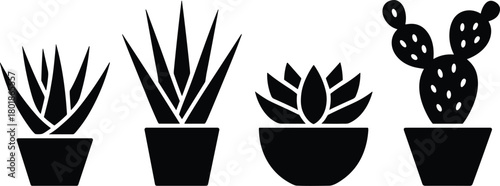 Minimalist Succulent and Cactus Silhouette Vector Icon Set, Potted Desert Plants