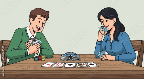 Excited man and woman playing cards and enjoying a friendly game together around a wooden table with chips