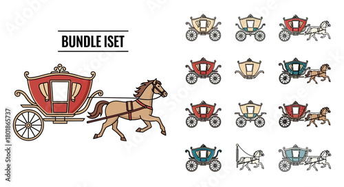 Collection of horse-drawn carriages in various colors.
