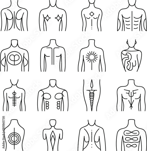 Stylized Human Torso Outline Icon Set, Body Art, Chakra, Spiritual Energy, and Wellness Symbols
