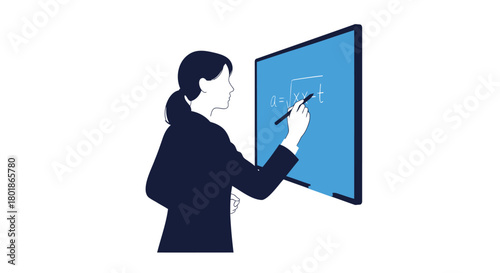 Businesswoman in dark suit writing on a large blue digital screen with a stylus pen