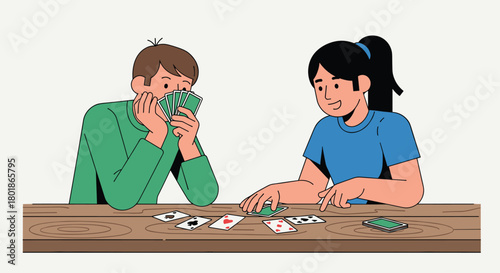 Friends enjoying a fun card game together at a wooden table, sharing laughter and friendly competition in a casual setting