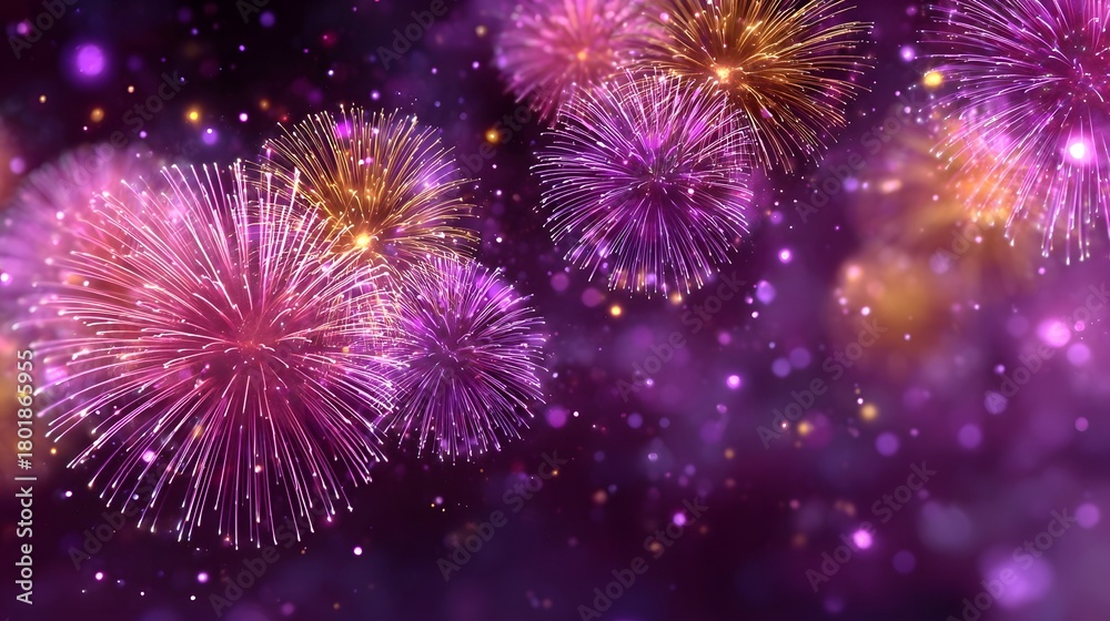 Fototapeta premium A dazzling display of vibrant purple pink and gold fireworks bursts across a dark night sky illuminated by scattered glowing particles and soft bokeh lights evoking a sense of celeb n and wonder