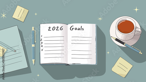 2026 Goals Planner With Notebook, Coffee, And Creative Workspace For Setting Goals