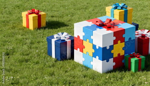 Pile of wrapped gifts shaped like a giant cube puzzle. Minimal geometric design.