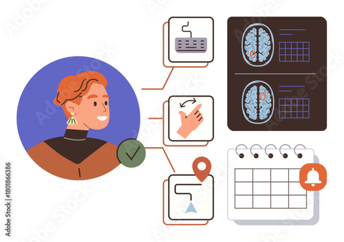 Person with task list, brain scans, and task icons. Ideal for neuroscience, productivity, technology, healthcare, decision-making, mental wellness simple flat metaphor
