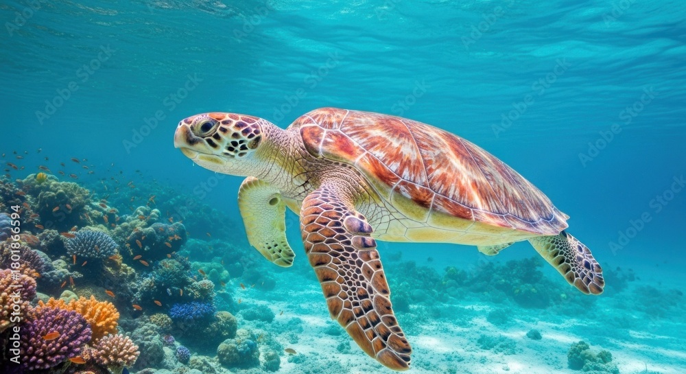 Obraz premium A green and red sea turtle swimming in clear blue water with colorful coral reefs in the background.