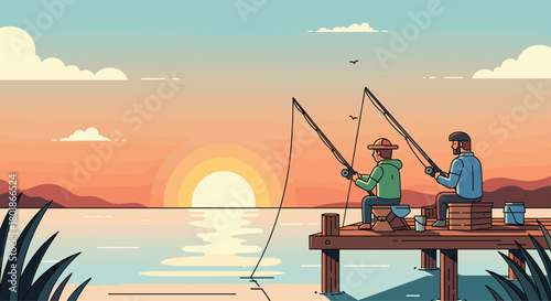 Two friends enjoy peaceful morning fishing from a wooden pier as the sun rises over the calm water, creating a serene atmosphere for leisure
