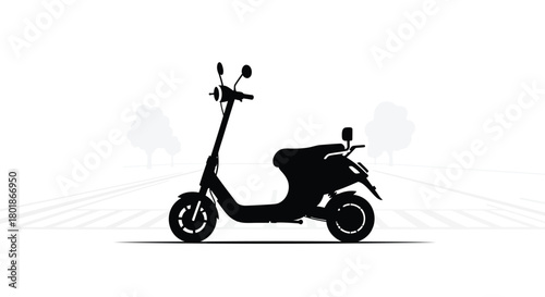 Modern electric scooter silhouette on a white background with subtle cityscape elements