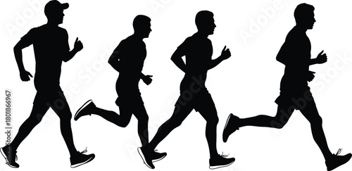 Running silhouettes in motion, athletic male figures, dynamic stride posture, sports training concept, fitness movement, flat vector illustration, CAD drawing