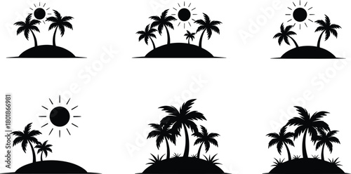 Tropical island silhouette, palm tree design, sun illustration, black vector, vacation theme, nature icon, cad drawing flat vector illustration