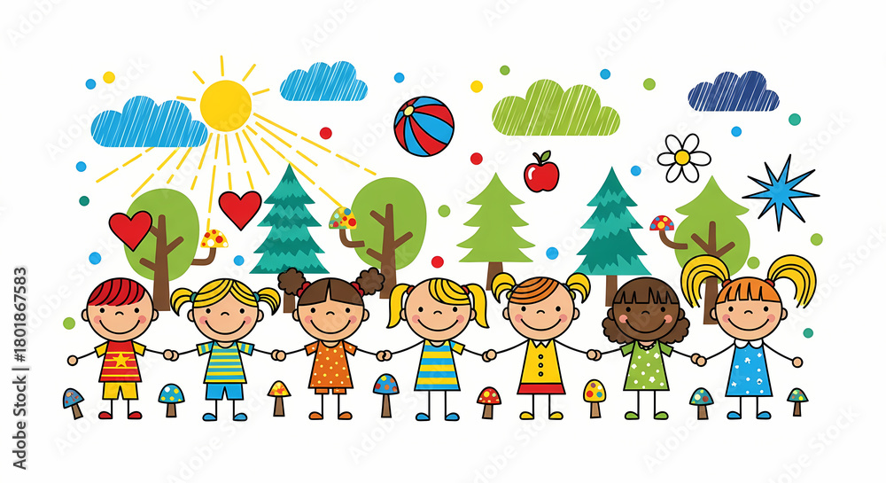 Obraz premium Diverse Group of Children Holding Hands in a Colorful Cartoon Illustration.