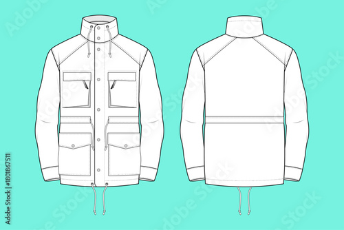 Men's Field Jacket Tech Pack Fashion Flat Sketch with Drawstrings