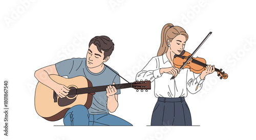 Passionate musician plays guitar while focused woman performs violin melody, creating beautiful harmonious music together