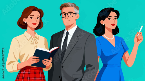 A collection of professional figures such as teachers, professors and lecturers, with cartoon hand-drawn vector illustrations