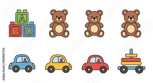 Illustration of toys: blocks, teddy bears, cars, and stacking rings.