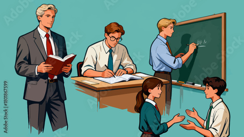 A collection of professional figures such as teachers, professors and lecturers, with cartoon hand-drawn vector illustrations