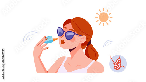 Woman applying sunscreen on her face. Straw hat, sunglasses, spf cream, lotion, serum, lip balsam and other sun protection products collection. Vector ... See More
