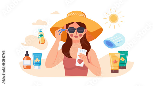 Woman applying sunscreen on her face. Straw hat, sunglasses, spf cream, lotion, serum, lip balsam and other sun protection products collection. Vector ... See More
