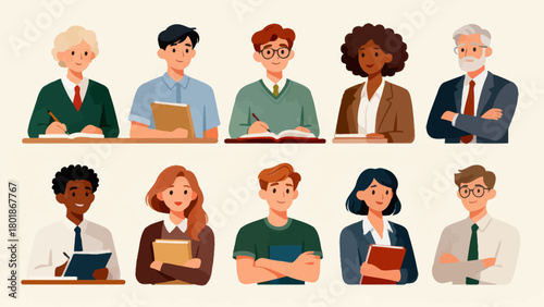 A collection of professional figures such as teachers, professors and lecturers, with cartoon hand-drawn vector illustrations