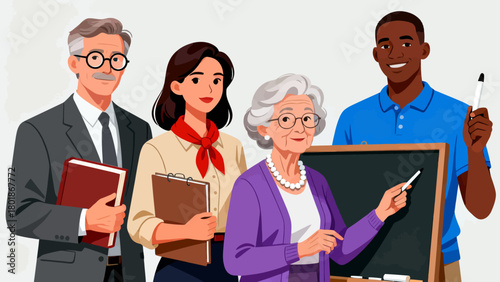 A collection of professional figures such as teachers, professors and lecturers, with cartoon hand-drawn vector illustrations