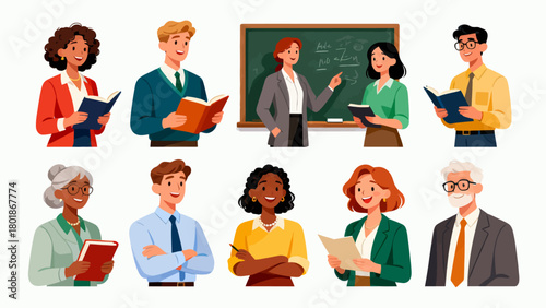 A collection of professional figures such as teachers, professors and lecturers, with cartoon hand-drawn vector illustrations