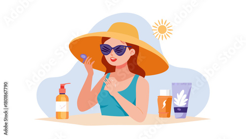 Woman applying sunscreen on her face. Straw hat, sunglasses, spf cream, lotion, serum, lip balsam and other sun protection products collection. Vector ... See More
