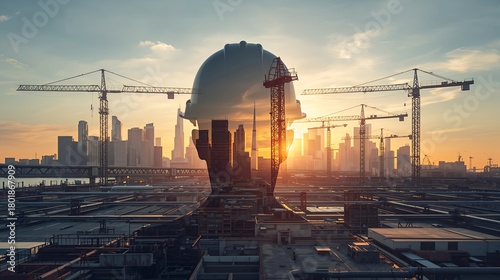 a symbolic image of a construction worker overlaid on a cityscape, the man wearing a hardhat is overseeing the construction site