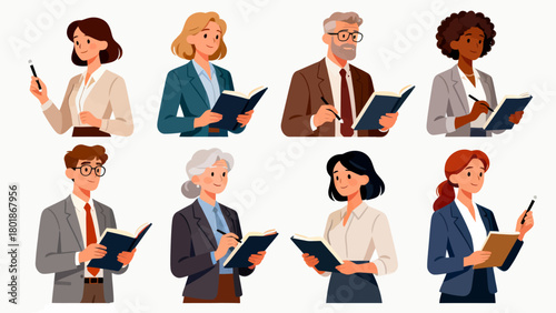 A collection of professional figures such as teachers, professors and lecturers, with cartoon hand-drawn vector illustrations